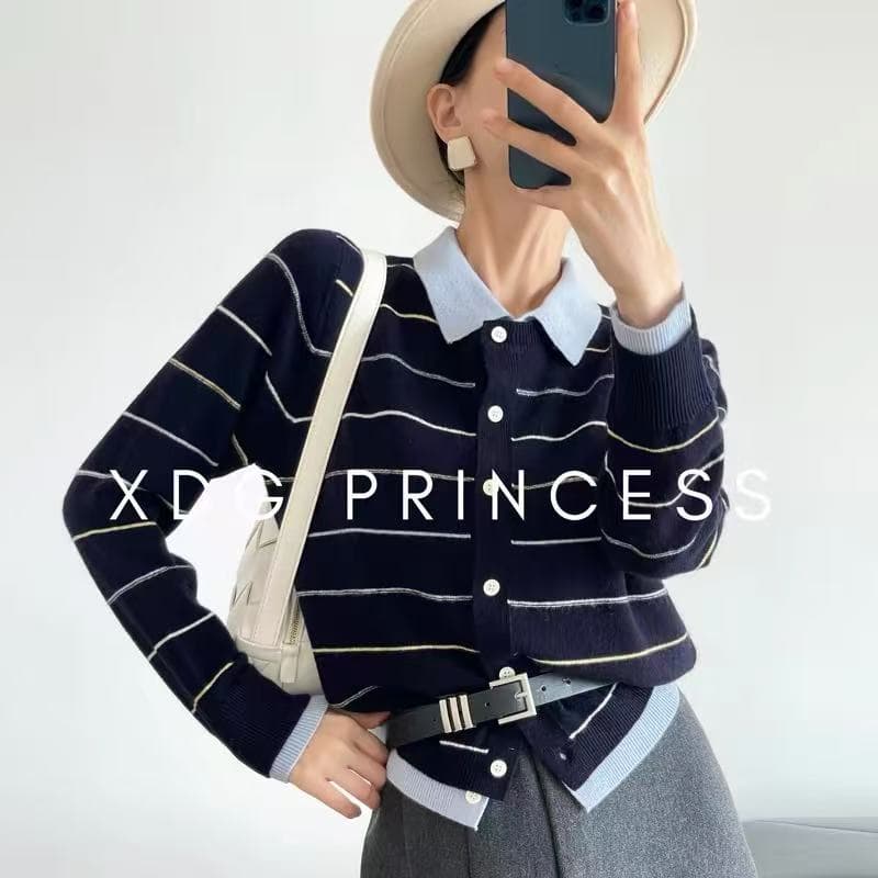 miu 부서 착용 가져 가라. 스트라이프 배색 polo 폴로 칼라 페이크 레이어드 니트 스웨터 여성 가을 겨울 양모 카디건 코트 상세 이미지 3