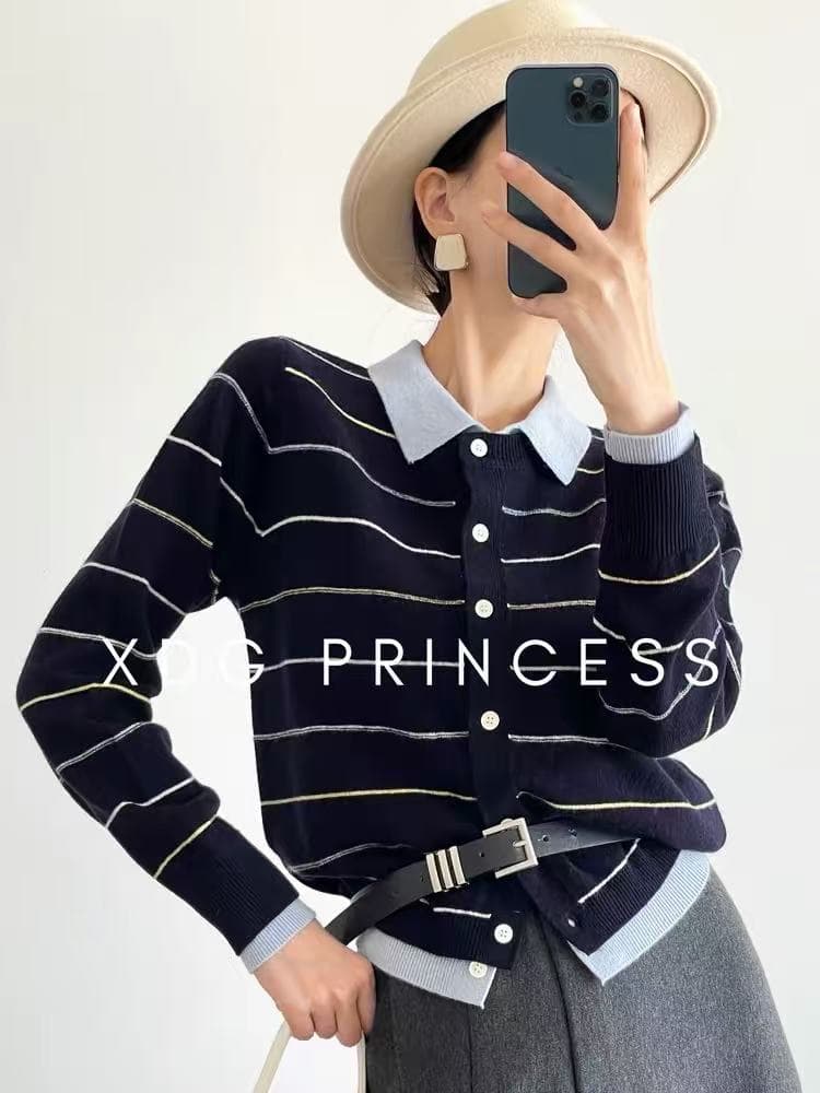 miu 부서 착용 가져 가라. 스트라이프 배색 polo 폴로 칼라 페이크 레이어드 니트 스웨터 여성 가을 겨울 양모 카디건 코트 상세 이미지 4