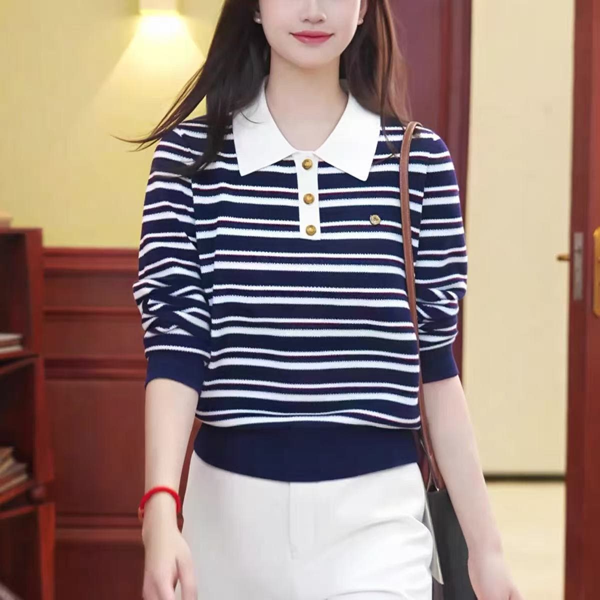 2026 가을 새로운 패션 여성 한국 스타일 디자인 센스 스트라이프 POLO 칼라 스트라이프 긴팔 니트 스웨터 맨위 이미지 2