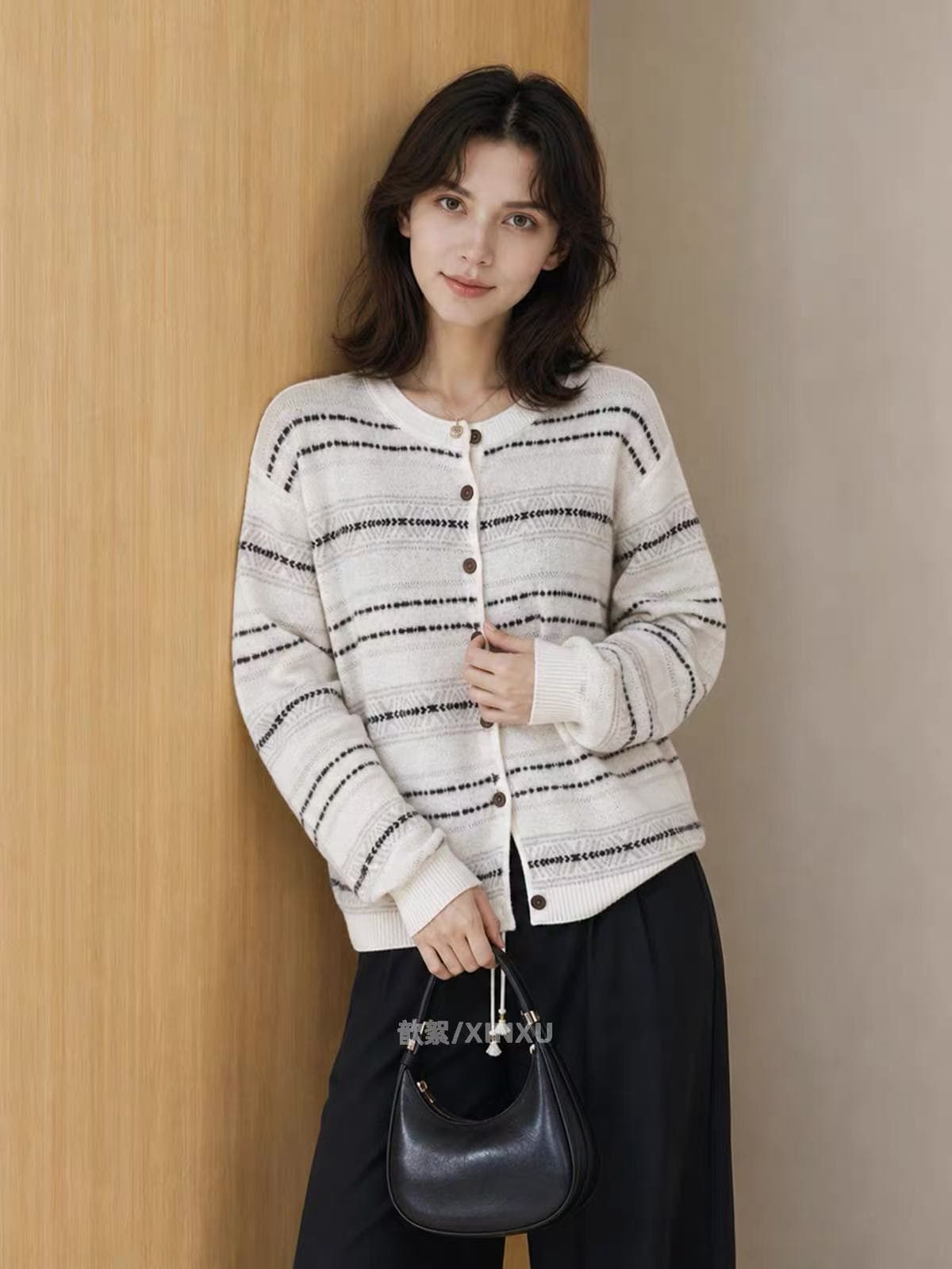 2026 가을 새로운 한 부서 레트로 스트라이프 니트 오픈 가디건 여성 라운드 넥 프릴 느슨함 센스 연령 감소 맨위 이미지 4