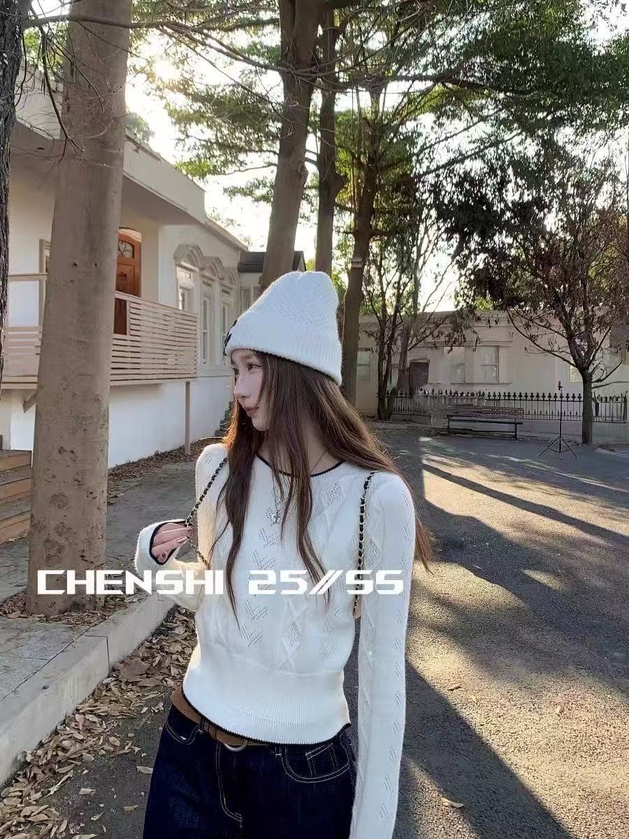 chen shi 우아함 너처럼 A 난초 짜다 라운드 넥 패치워크 색상 니트 스웨터 맨위 밑단 수 있습니다. 트임 스웨터 이미지 3