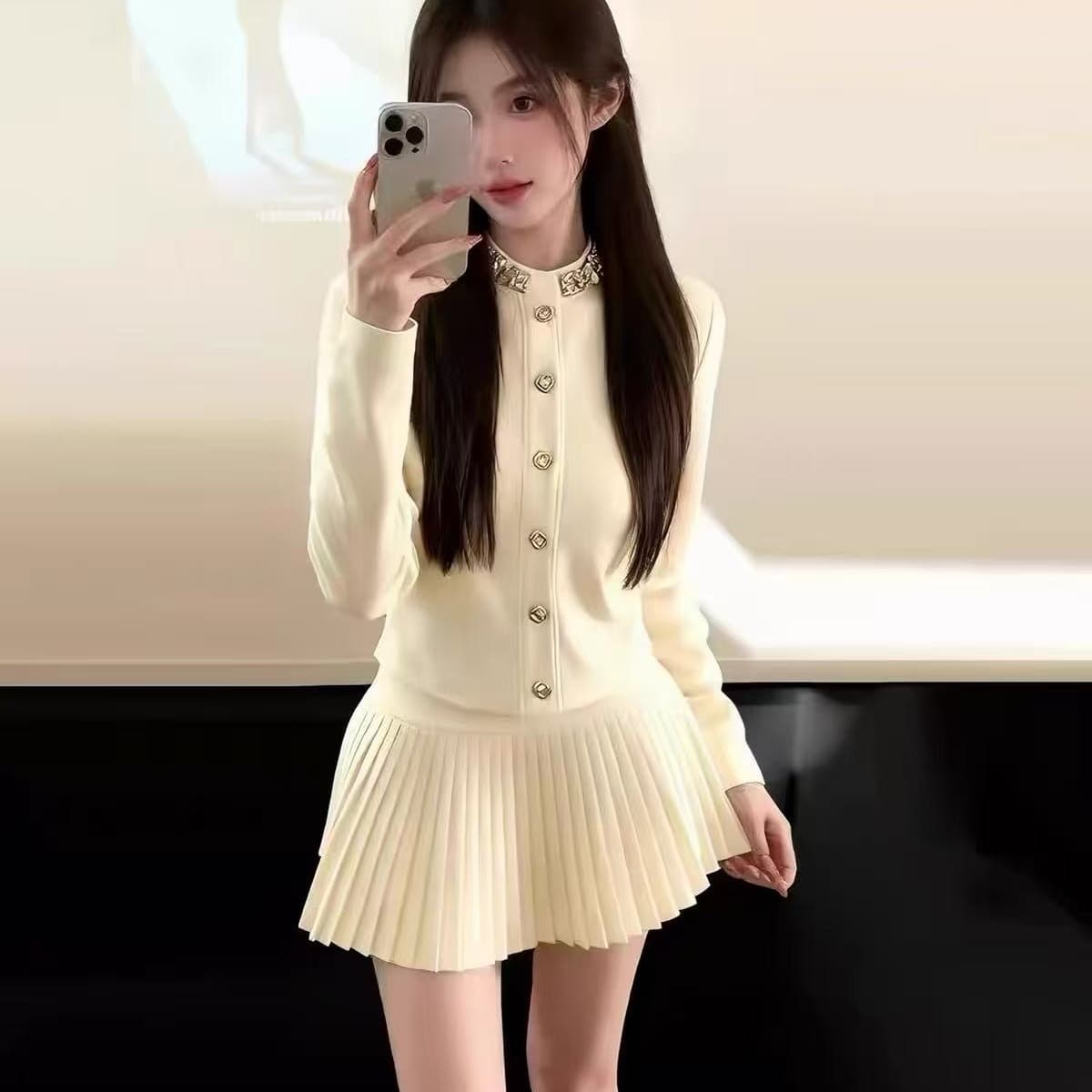 프랑스식 명문 여성 작은 샤넬 스타일 니트 오픈 가디건 스웨터 여성 코트 가을 겨울 품격 맨위 플리츠 반신 스커트 투피스 세트 이미지 5