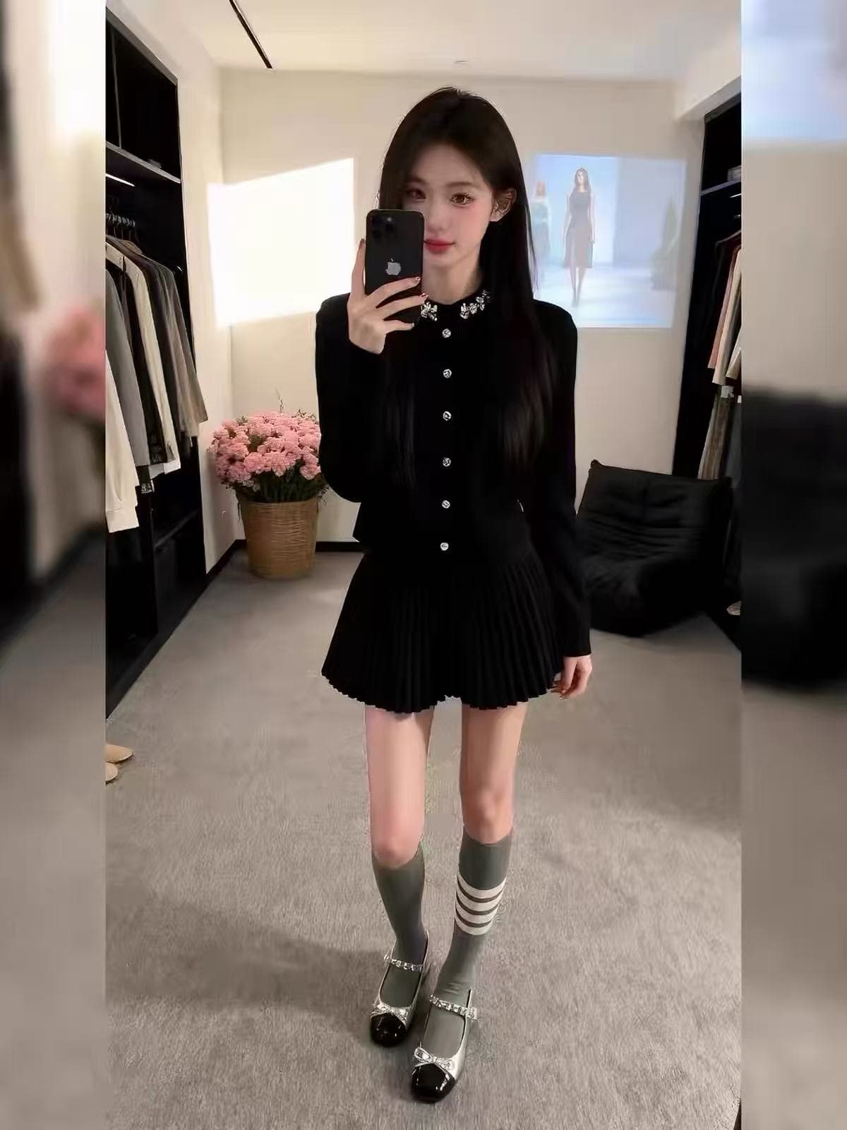 프랑스식 명문 여성 작은 샤넬 스타일 니트 오픈 가디건 스웨터 여성 코트 가을 겨울 품격 맨위 플리츠 반신 스커트 투피스 세트 상세 이미지 3