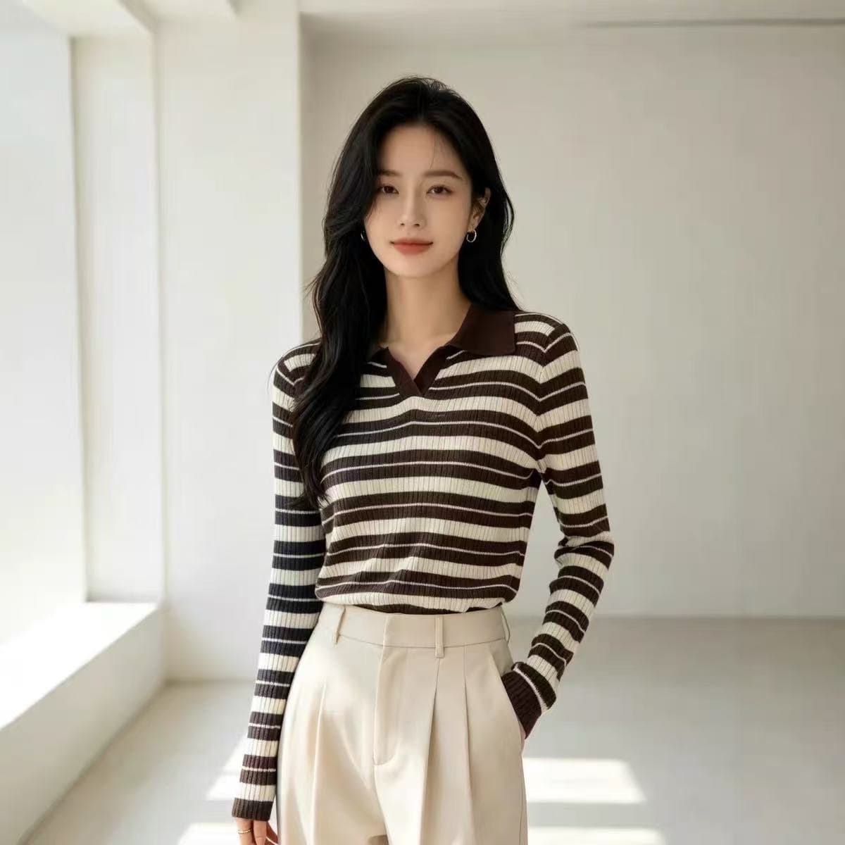 프랑스식 레트로 스트라이프 배색 칼라 긴팔 맨위 여성 의류 이른 가을 새로운 몸매 가꾸기 슬림해 보이는 니트 기본 셔츠