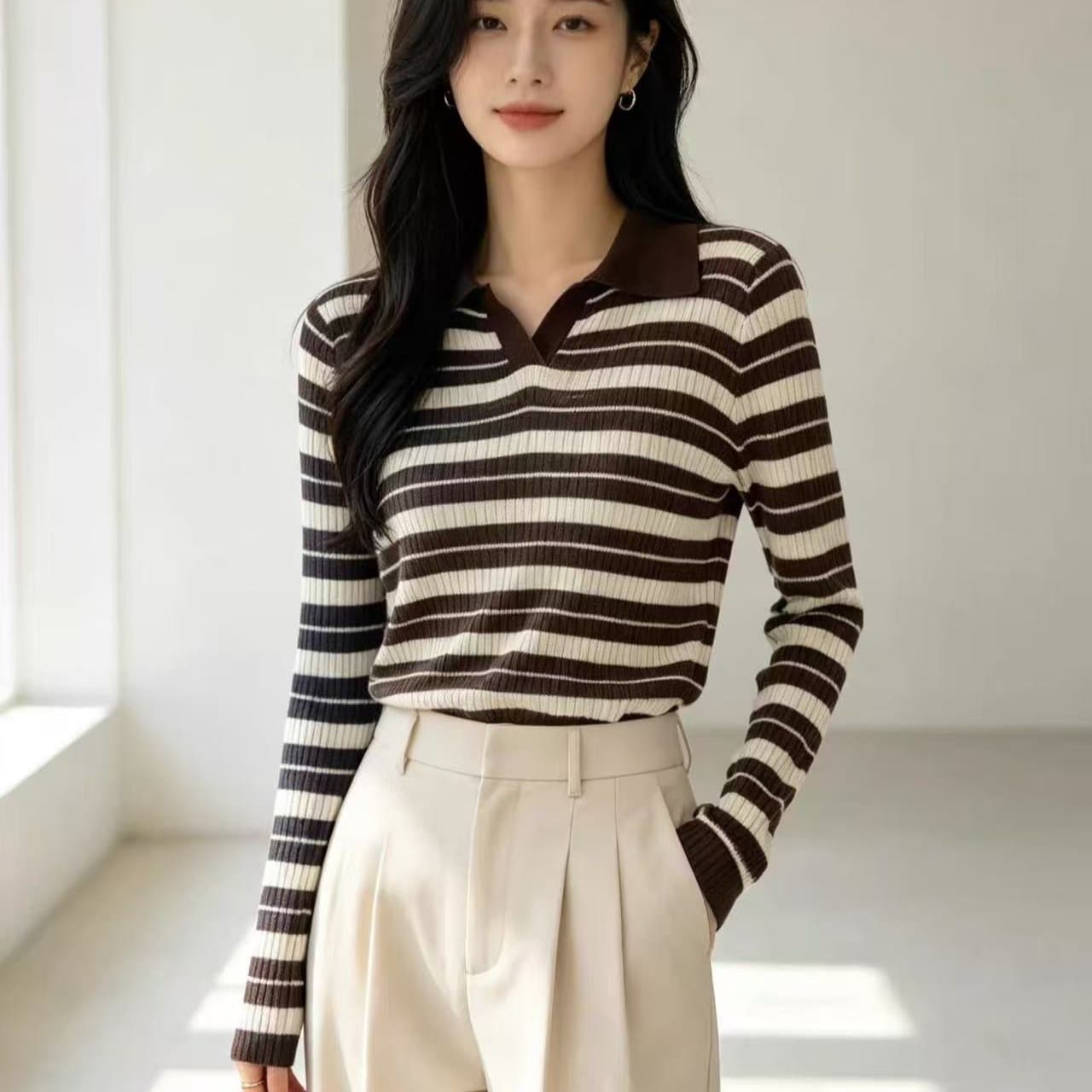 프랑스식 레트로 스트라이프 배색 칼라 긴팔 맨위 여성 의류 이른 가을 새로운 몸매 가꾸기 슬림해 보이는 니트 기본 셔츠 이미지 5