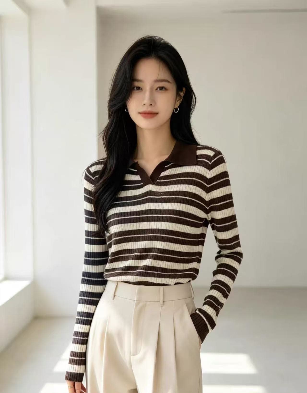 프랑스식 레트로 스트라이프 배색 칼라 긴팔 맨위 여성 의류 이른 가을 새로운 몸매 가꾸기 슬림해 보이는 니트 기본 셔츠 상세 이미지 4