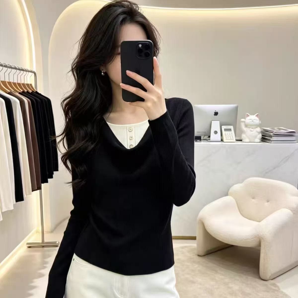 어두운 회색 페이크 레이어드 배색 니트 스웨터 여성 이른 가을 새로운 빛 요리 한 바람 긴팔 슬림해 보이는 고급 센스 예쁜 스웨터 이미지 5