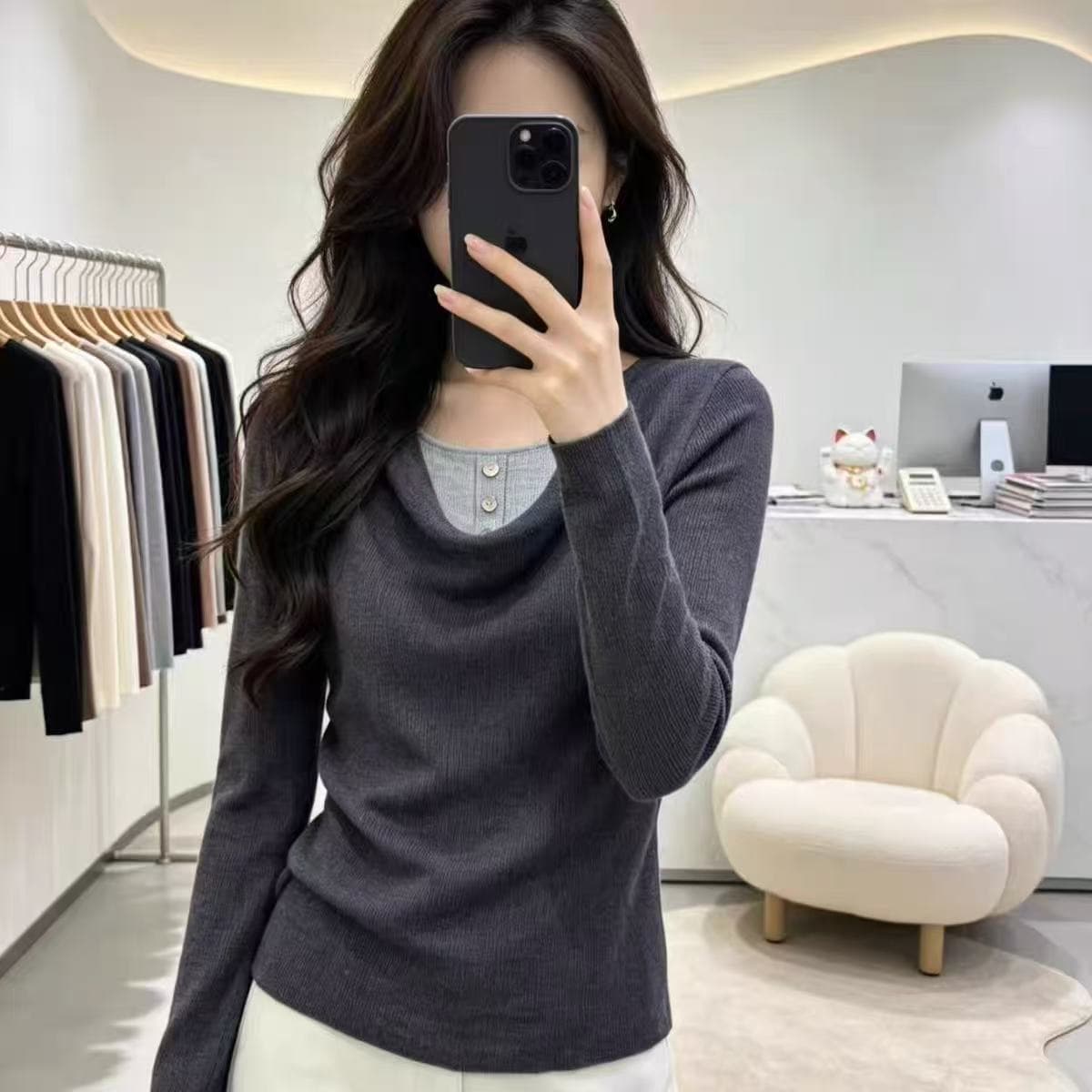 어두운 회색 페이크 레이어드 배색 니트 스웨터 여성 이른 가을 새로운 빛 요리 한 바람 긴팔 슬림해 보이는 고급 센스 예쁜 스웨터 상세 이미지 1