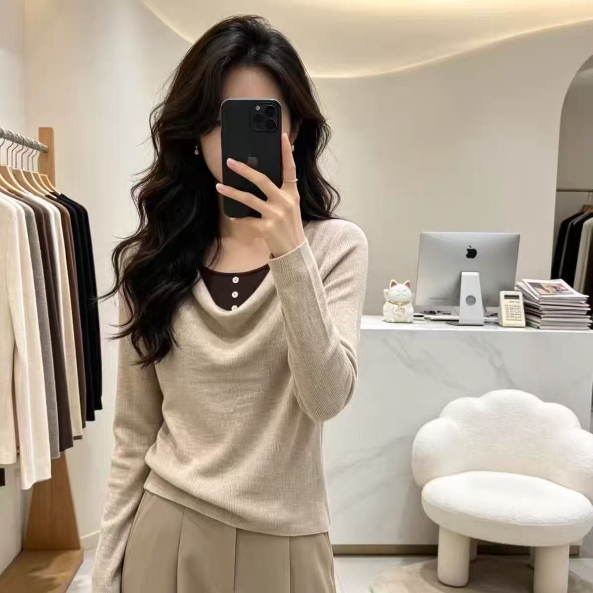 어두운 회색 페이크 레이어드 배색 니트 스웨터 여성 이른 가을 새로운 빛 요리 한 바람 긴팔 슬림해 보이는 고급 센스 예쁜 스웨터 상세 이미지 3
