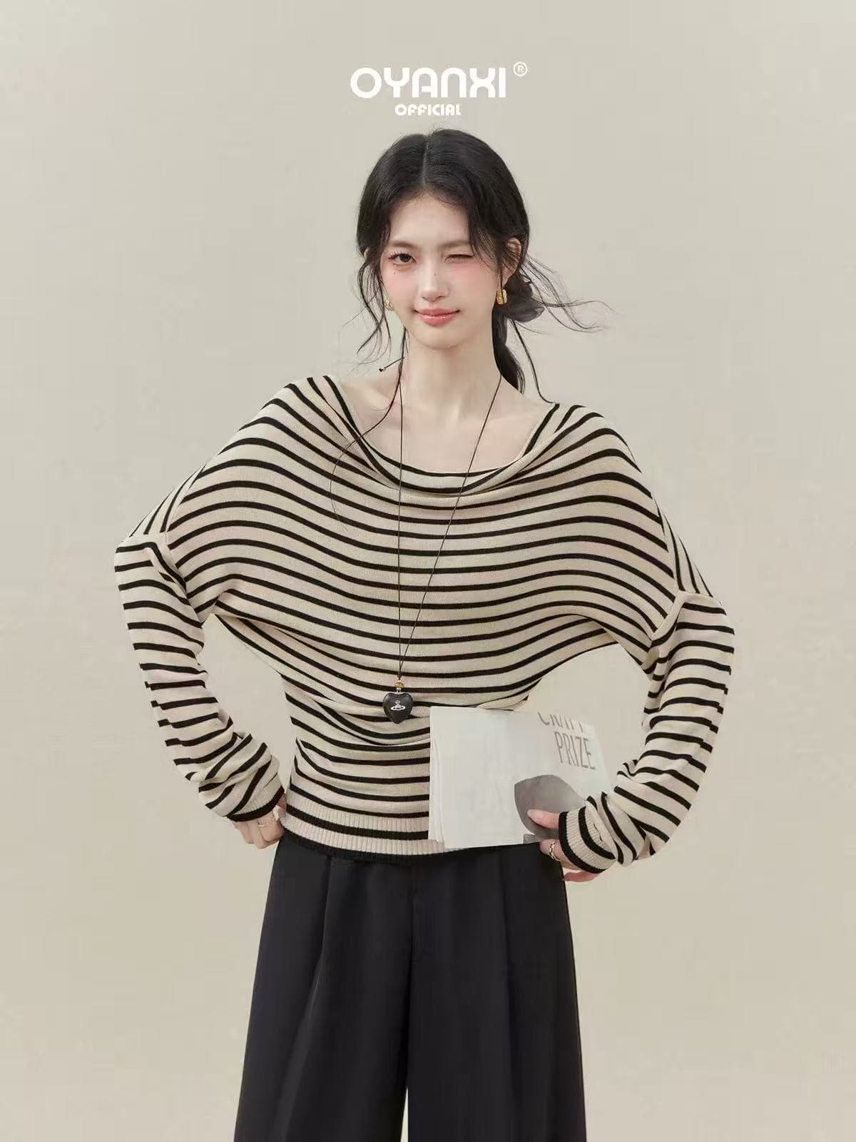 Ouyang 안녕하세요. 느긋한 주말 블랙 살구 스트라이프 흔들다 칼라 티셔츠 여성 2026 새로운 긴팔 루즈핏 슬림해 보이는 맨위 이미지 4