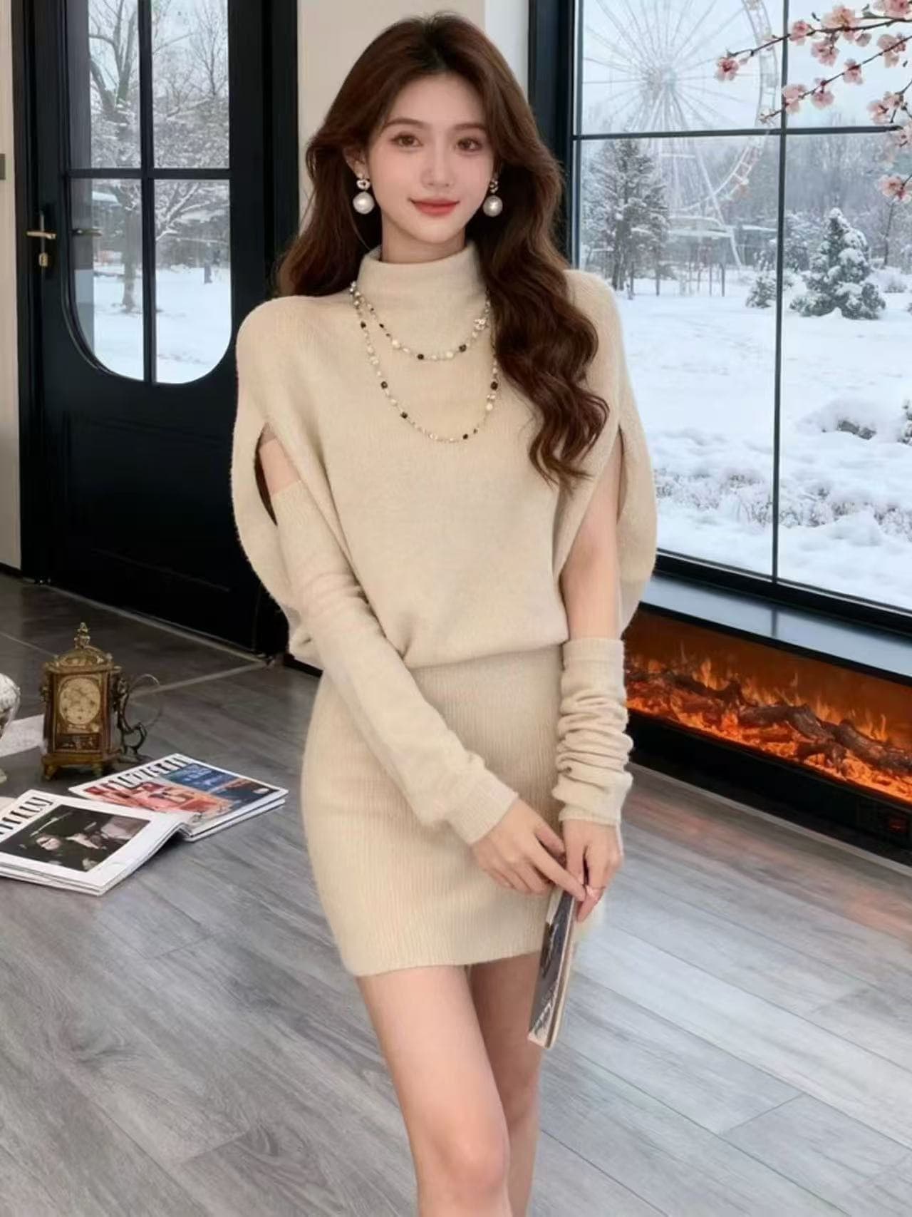 프랑스식 반하이넥 망토 소매 커버 니트 여성 드레스 겨울 새로운 몸매 가꾸기 슬림해 보이는 인사이드 가져 가라. 타이트 스커트 상세 이미지 4