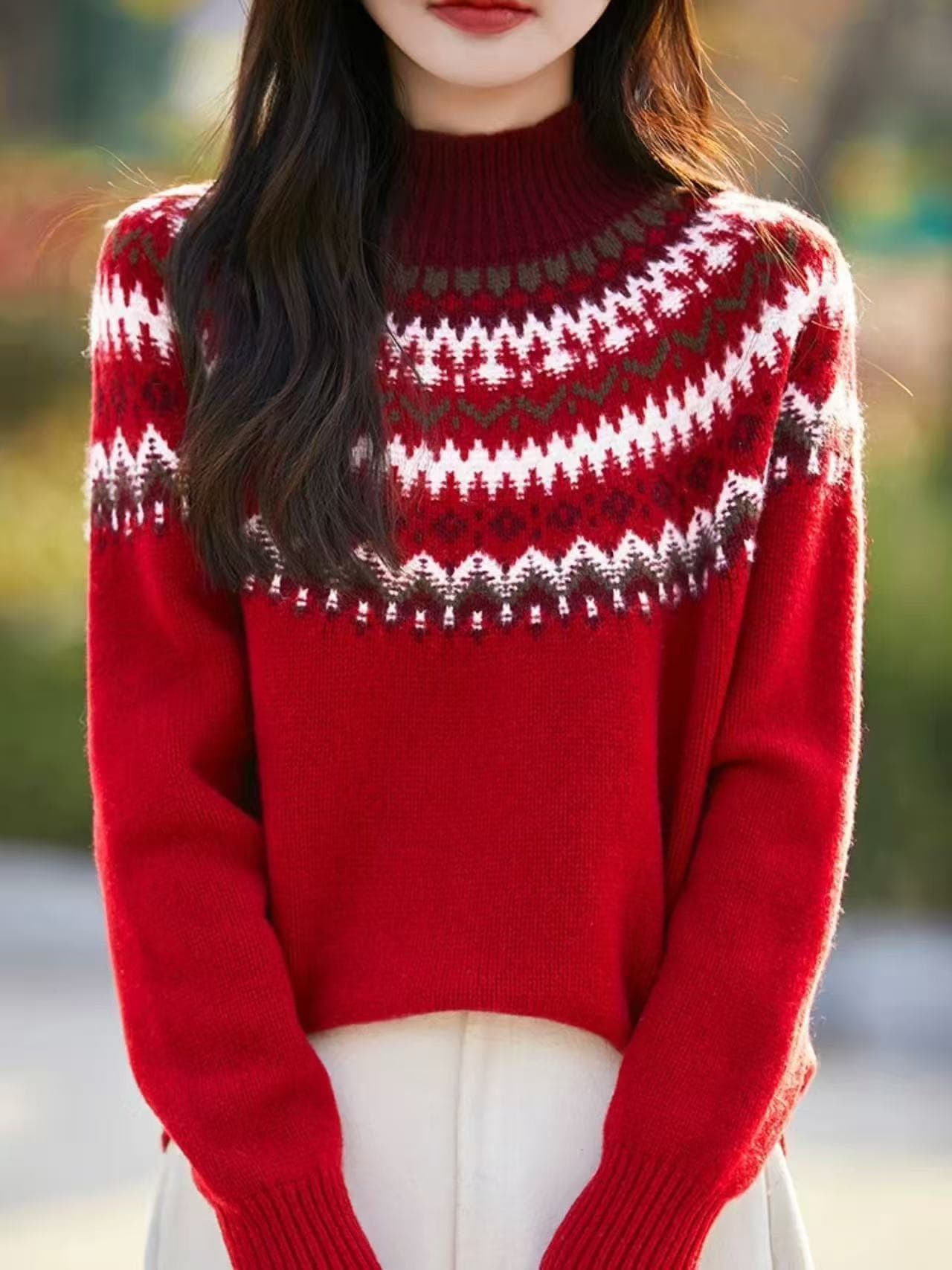 가을 겨울 새로운 하프 높음 물결무늬 순수한 카디건 여성 크리스마스 스웨터 한국 스타일 다용도 양모 니트 기본 셔츠 이미지 3