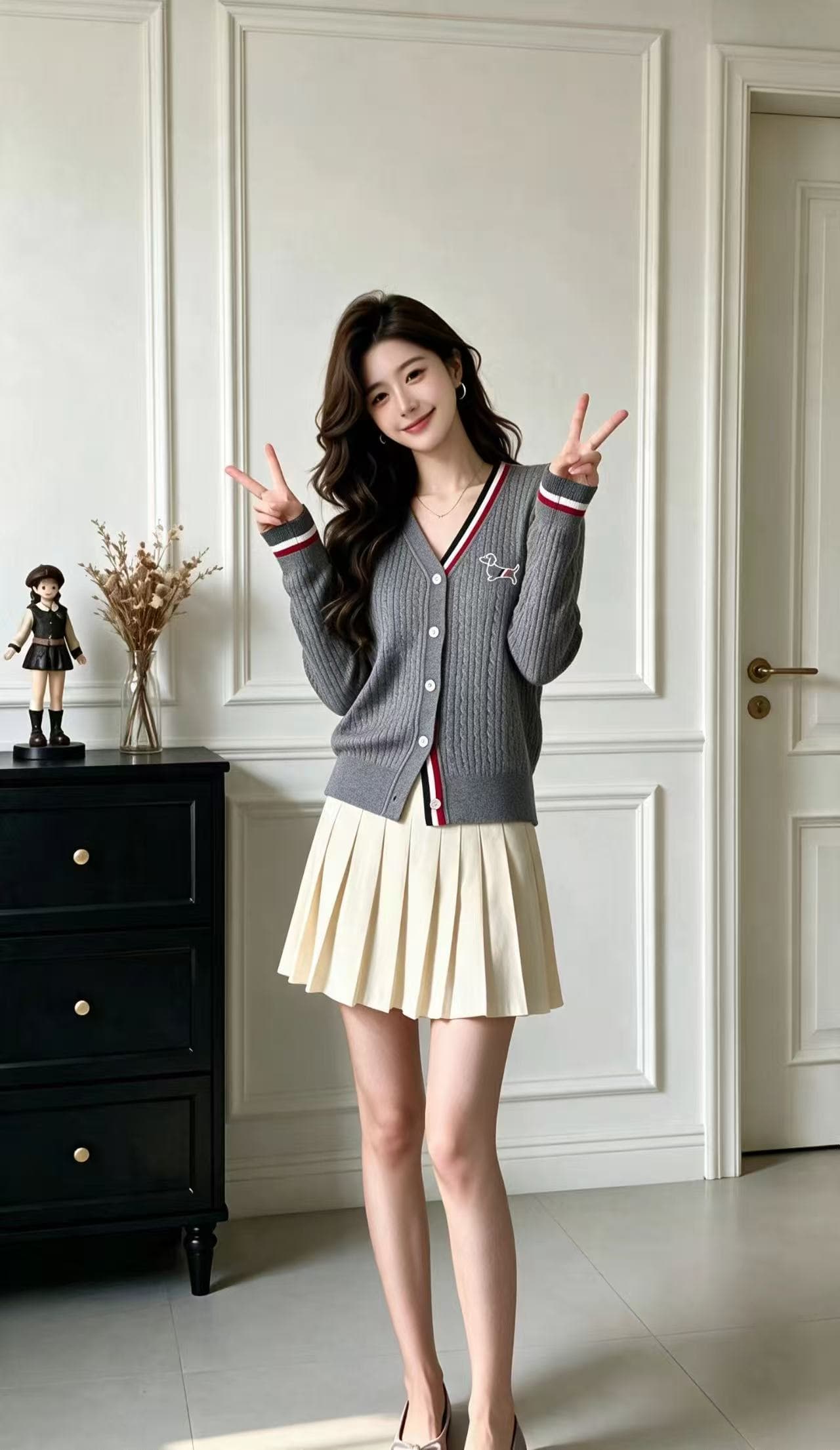 가을 새로운 V넥 반팔 오픈 가디건 여성 배색 스트라이프 슬림해 보이는 맨위 강아지 자수 학원 스타일 티셔츠 트렌디 상세 이미지 3