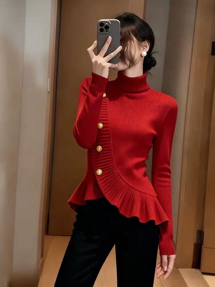 빨간색 프릴 터틀넥 스웨터 여자 2026 가을 겨울 새로운 작은 대중 디자인 센스 품격 꼬집기 허리 니트 스웨터 맨위 상세 이미지 2