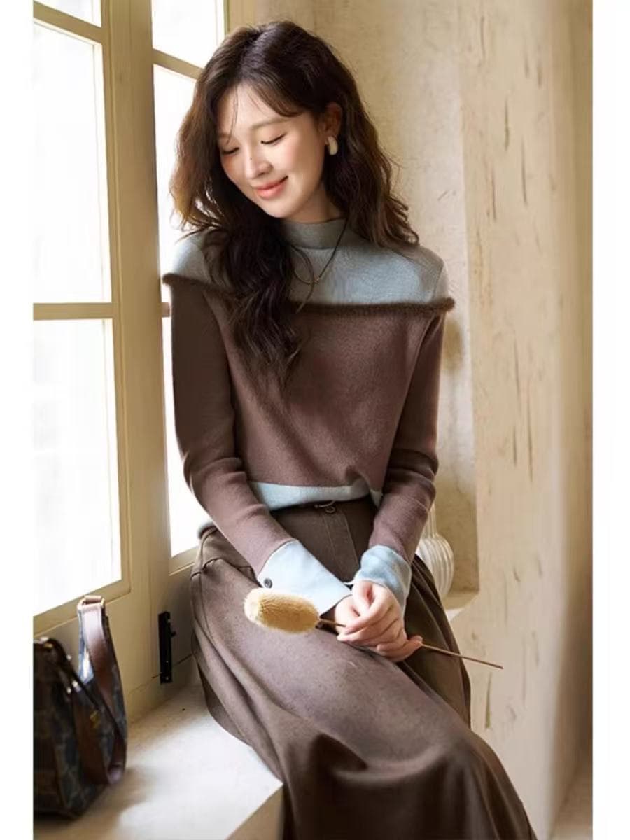 반하이넥 패치워크 배색 만나는 니트 스웨터 여성 2026 가을 겨울 새로운 슈퍼 잘 생긴 인사이드 가져 가라. 스웨터 중 칼라 맨위 상세 이미지 4