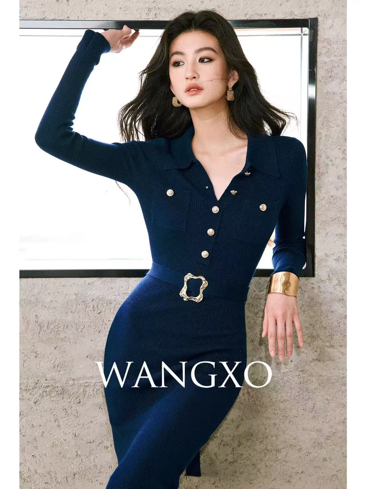 wangxo 섬세한 광택 실 높음 분화구 기사 니트 손 솔기 금속 버클 폴로 칼라 몸매 가꾸기 트임 드레스 상세 이미지 3