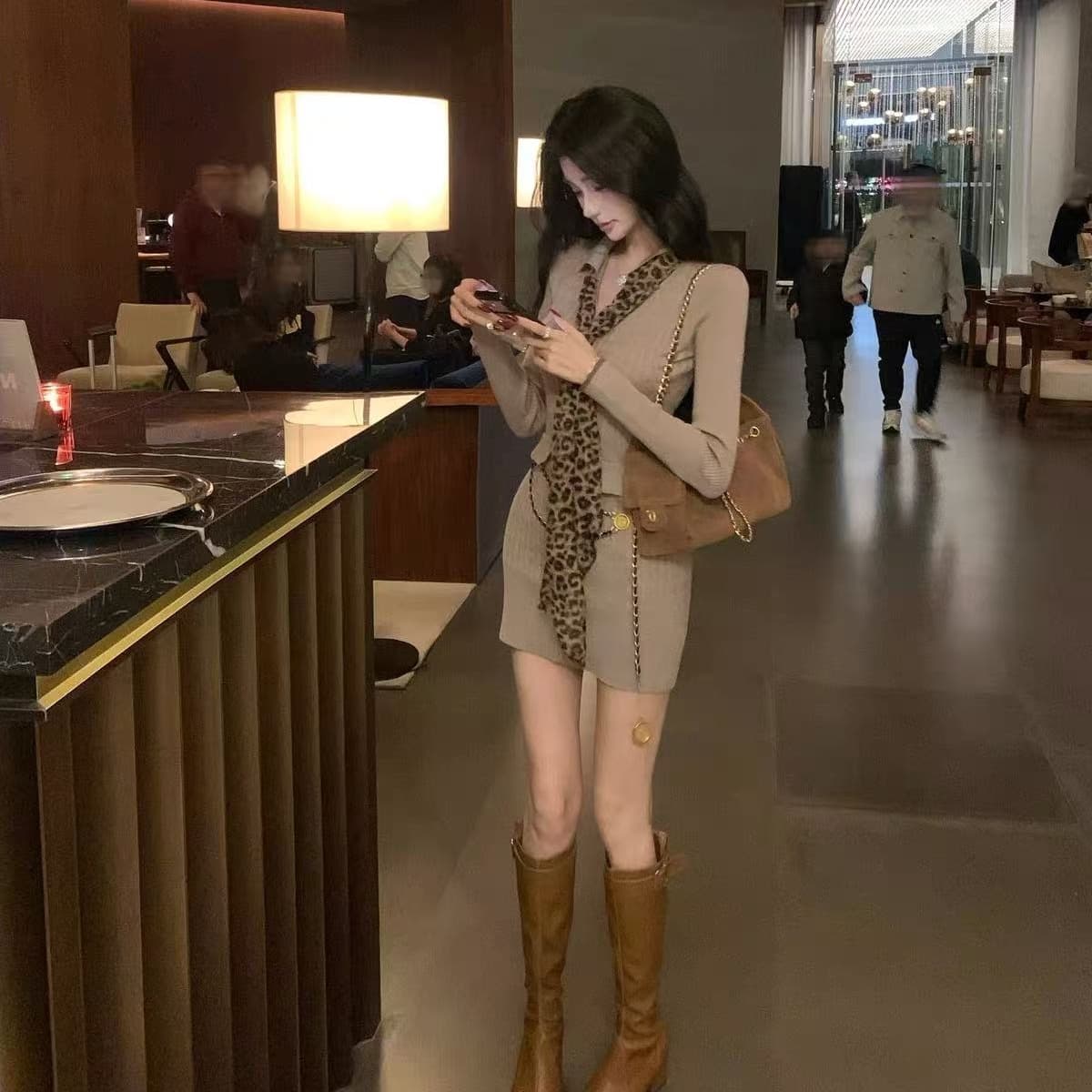 barb chill 레오파드 무늬 스카프 장식품 니트 여성 드레스 가을 몸매 가꾸기 신축성 허리 수축 타이트 스커트 이미지 5