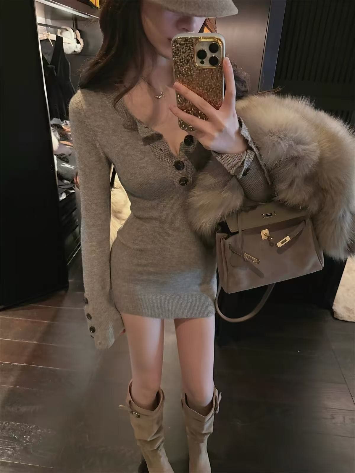inmimiface V넥 단추 긴팔 니트 여성 드레스 가을 겨울 허리 수축 털실 로얄 자매 바람 타이트 스커트