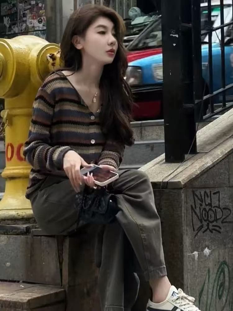 2026 가을 새로운 레트로 스트라이프 배색 패치워크 니트 스웨터 여성 작은 대중 루즈핏 캐주얼 미니멀리즘 오픈 가디건 맨위 상세 이미지 5