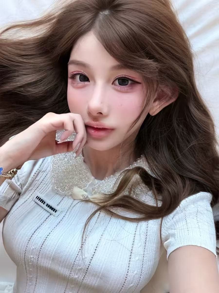 qiauuu 비싼 여성 일상 부유 한 가족 천 금빛 바람 달콤함 비즈 박기 칼라 구덩이 기사 몸매 가꾸기 니트 반팔 맨위 여성 이미지 2