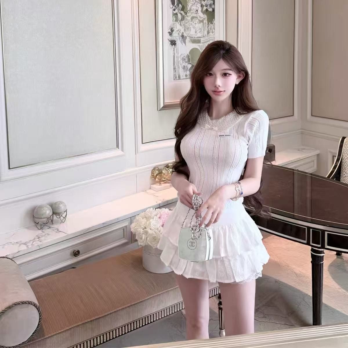 qiauuu 비싼 여성 일상 부유 한 가족 천 금빛 바람 달콤함 비즈 박기 칼라 구덩이 기사 몸매 가꾸기 니트 반팔 맨위 여성 이미지 5