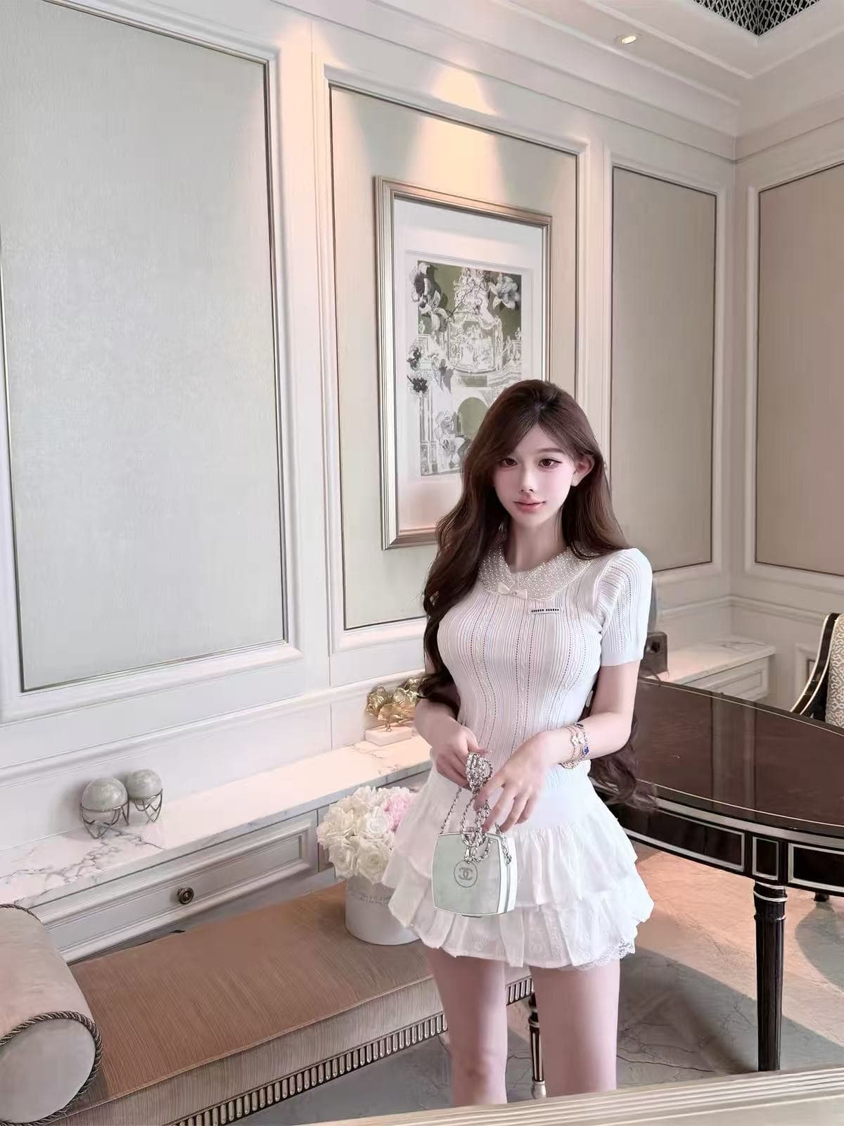 qiauuu 비싼 여성 일상 부유 한 가족 천 금빛 바람 달콤함 비즈 박기 칼라 구덩이 기사 몸매 가꾸기 니트 반팔 맨위 여성 상세 이미지 5