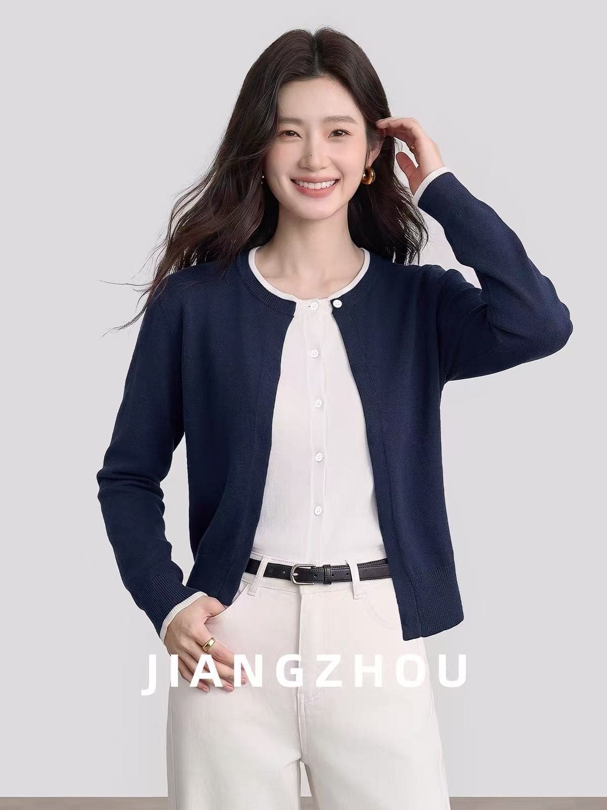 강 대륙 jiangz 가을 새로운 캐주얼 배색 패치워크 긴팔 니트 스웨터 루즈핏 출퇴근 페이크 레이어드 맨위 상세 이미지 4