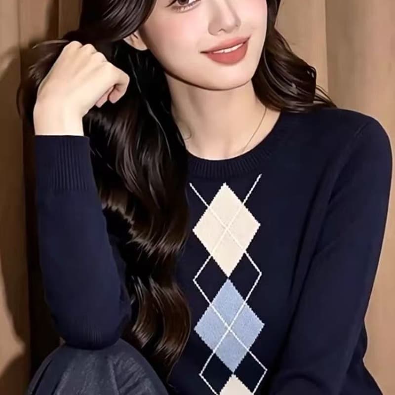 2026 가을 새로운 레트로 외국 가스 디자인 센스 슬림해 보이는 풀오버 링 그리드 긴팔 라운드 넥 니트 스웨터 여성 의류 맨위 이미지 5