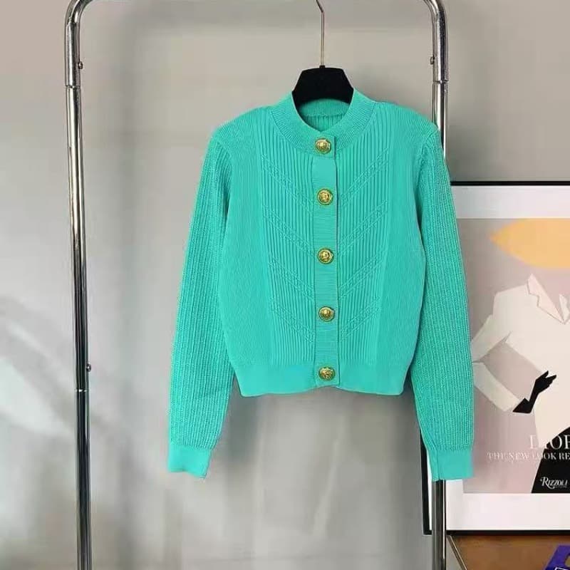 봄 가을 금 사자 머리 단추 라운드 넥타이 어깨 패드 얼음 실크 황색 디스플레이 화이트 몸매 가꾸기 슬림해 보이는 니트 오픈 가디건 이미지 5