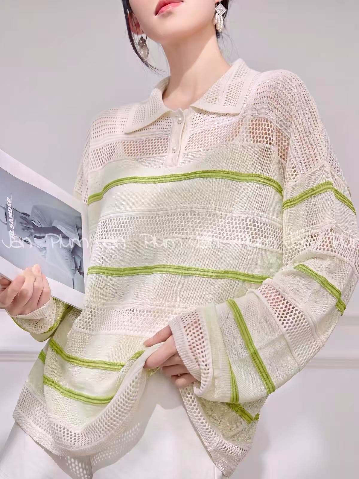 plum jan 가을 캐주얼 루즈핏 POLO 칼라 스트라이프 홀로우 아웃 블라우스 맨위 일상 출퇴근 다용도 긴팔 상세 이미지 1