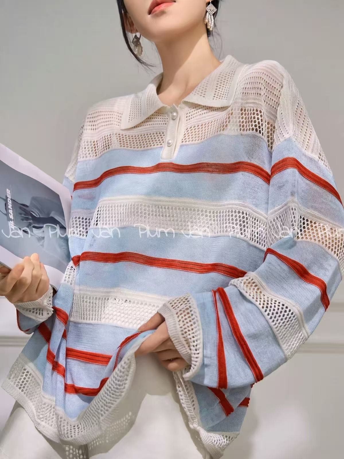 plum jan 가을 캐주얼 루즈핏 POLO 칼라 스트라이프 홀로우 아웃 블라우스 맨위 일상 출퇴근 다용도 긴팔 상세 이미지 3