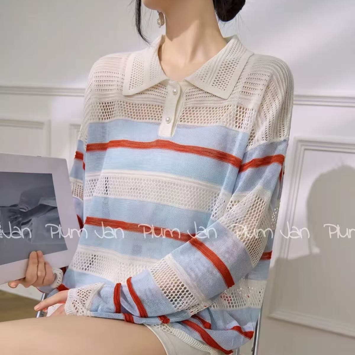 plum jan 가을 캐주얼 루즈핏 POLO 칼라 스트라이프 홀로우 아웃 블라우스 맨위 일상 출퇴근 다용도 긴팔 상세 이미지 5