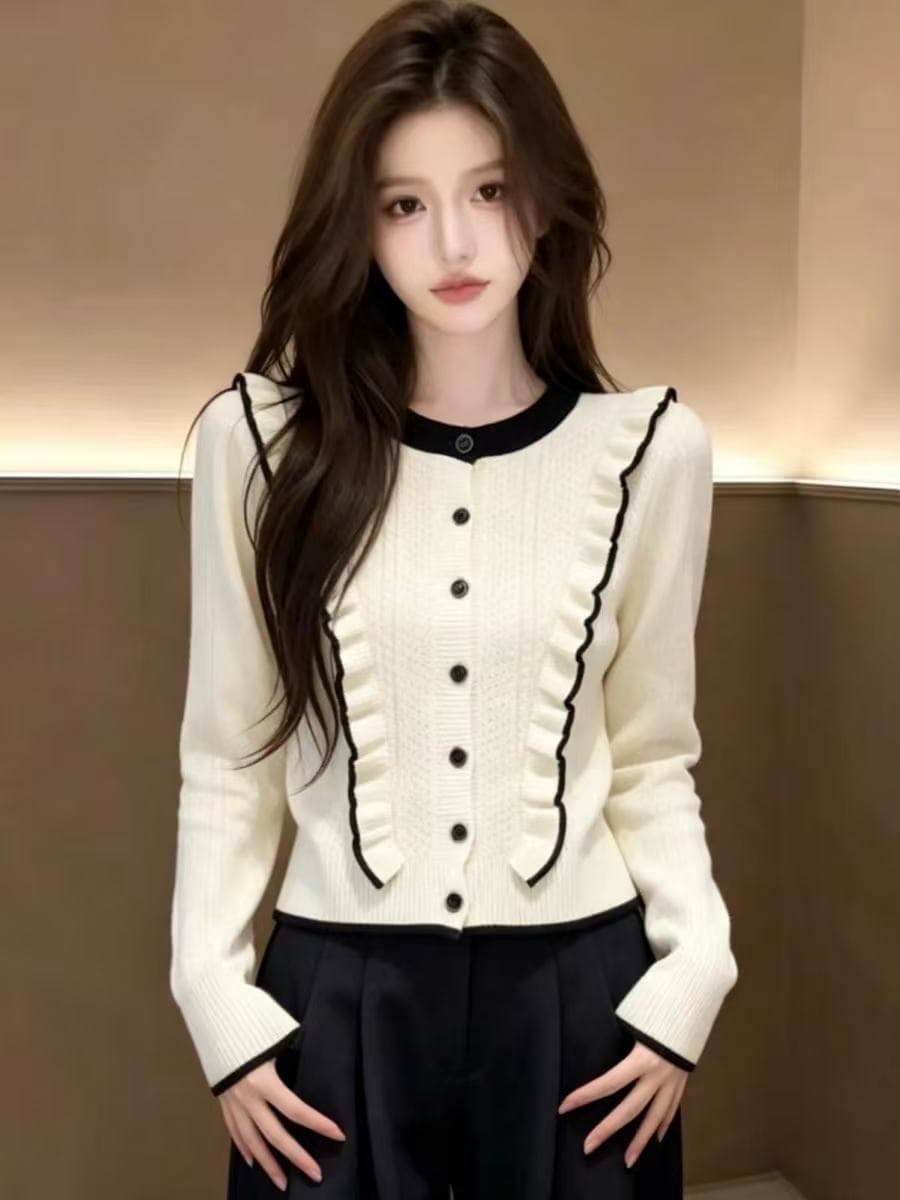 가을 착용 가져 가라. 배색 프릴 니트 스웨터 긴팔 여자 2026 새로운 한 부서 외부 가져 가라. 오픈 가디건 니트 맨위 이미지 3