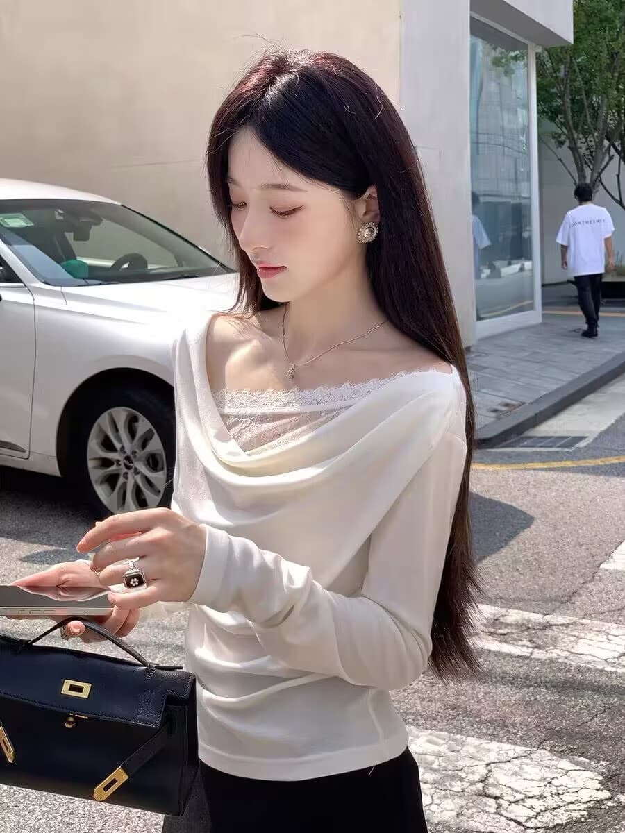 프랑스식 고급 센스 레이스 레이스 흔들다 칼라 긴팔 니트 긴 소매 티셔츠 흔들다 칼라 페이크 레이어드 레이스 조각 맨위 이미지 2