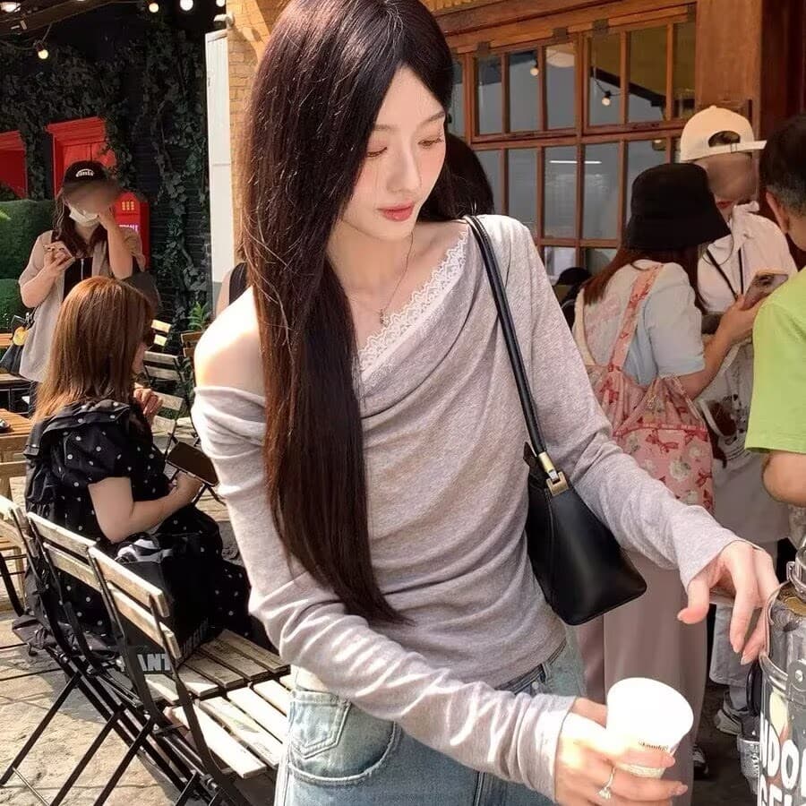 프랑스식 고급 센스 레이스 레이스 흔들다 칼라 긴팔 니트 긴 소매 티셔츠 흔들다 칼라 페이크 레이어드 레이스 조각 맨위 이미지 5