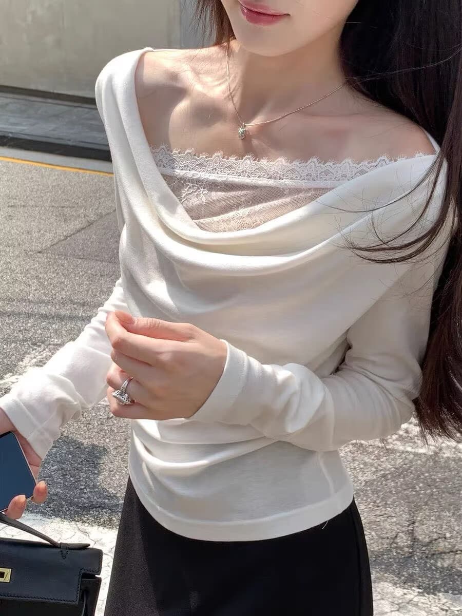 프랑스식 고급 센스 레이스 레이스 흔들다 칼라 긴팔 니트 긴 소매 티셔츠 흔들다 칼라 페이크 레이어드 레이스 조각 맨위 상세 이미지 4