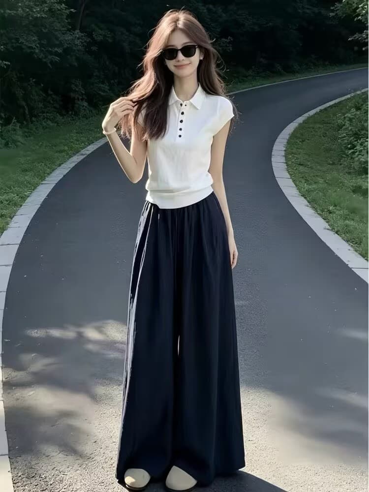 한 부서 그레이트 통해보기 가져 가라. 전체 집합 2026 새로운 화이트 polo 반팔 티셔츠 여성 여름 와이드 레그 팬츠 세트 이미지 3