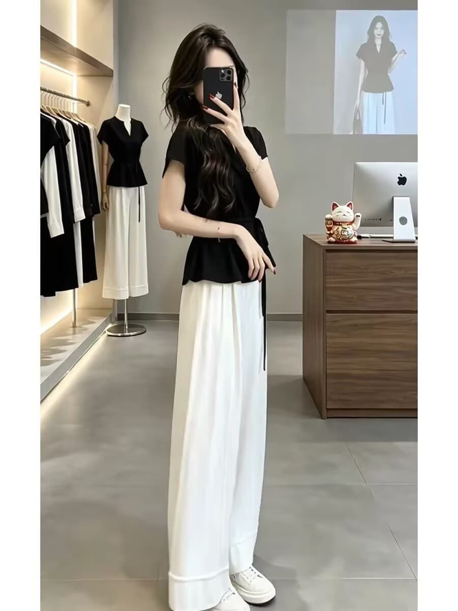한 부서 그레이트 통해보기 가져 가라. 전체 집합 2026 새로운 검정색 반팔 티셔츠 여성 여름 와이드 레그 팬츠 투피스 슈트 이미지 3