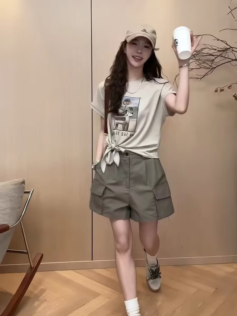 한 부서 프린트 레이스업 반팔 맨위 워크웨어 반바지 두 조각 여성 세트 2026 여름 새로운 패션 슬림해 보이는 세트 이미지 3