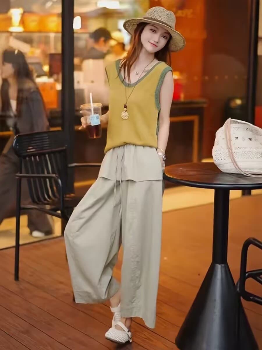 한 부서 여름 전체 집합 ootd 착용 가져 가라. 패션 외국 가스 패치워크 색상 홀로우 아웃 민소매 조끼 방귀 커튼 9부 바지 세트 상세 이미지 3