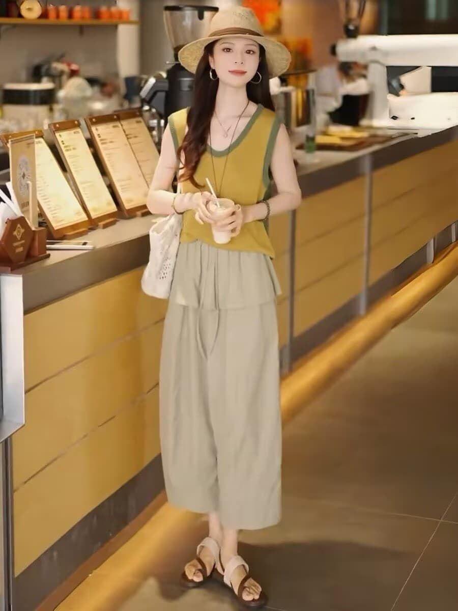 한 부서 여름 전체 집합 ootd 착용 가져 가라. 패션 외국 가스 패치워크 색상 홀로우 아웃 민소매 조끼 방귀 커튼 9부 바지 세트 상세 이미지 4
