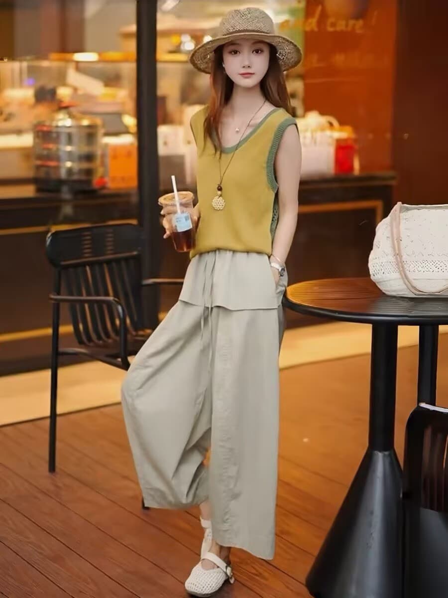 한 부서 여름 전체 집합 ootd 착용 가져 가라. 패션 외국 가스 패치워크 색상 홀로우 아웃 민소매 조끼 방귀 커튼 9부 바지 세트 상세 이미지 6