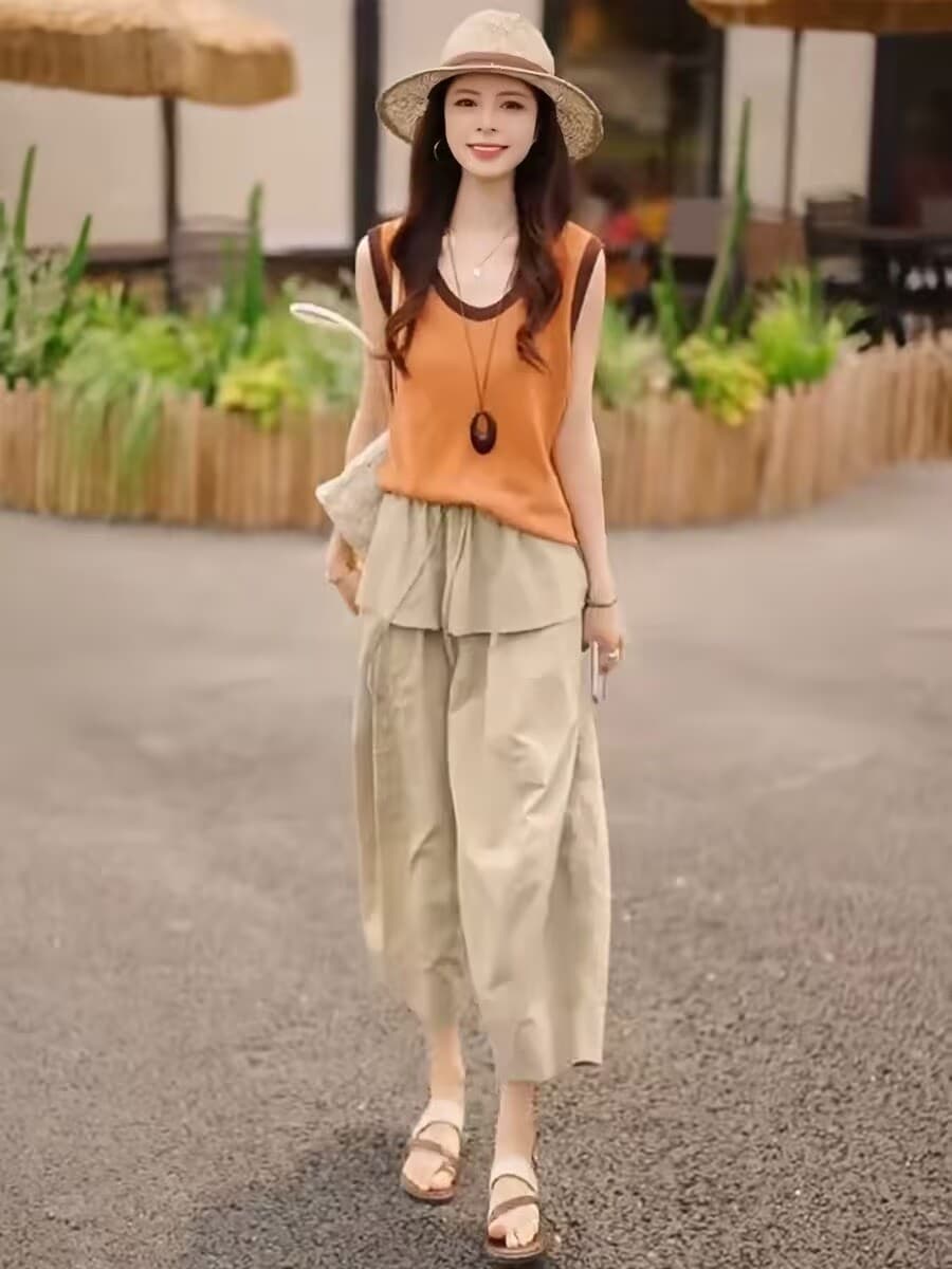 한 부서 여름 전체 집합 ootd 착용 가져 가라. 패션 외국 가스 패치워크 색상 홀로우 아웃 민소매 조끼 방귀 커튼 9부 바지 세트 상세 이미지 7