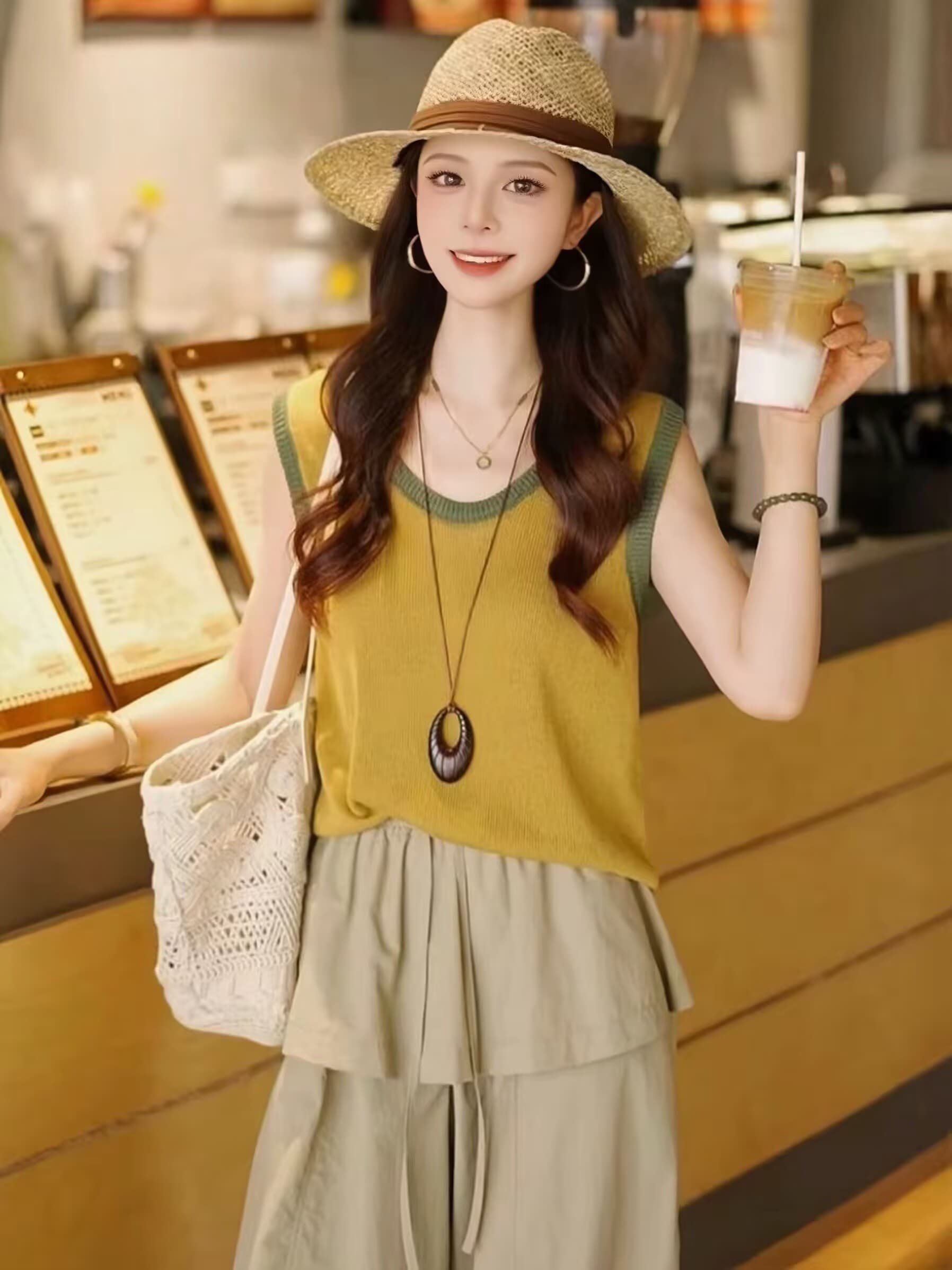 한 부서 여름 전체 집합 ootd 착용 가져 가라. 패션 외국 가스 패치워크 색상 홀로우 아웃 민소매 조끼 방귀 커튼 9부 바지 세트 상세 이미지 8