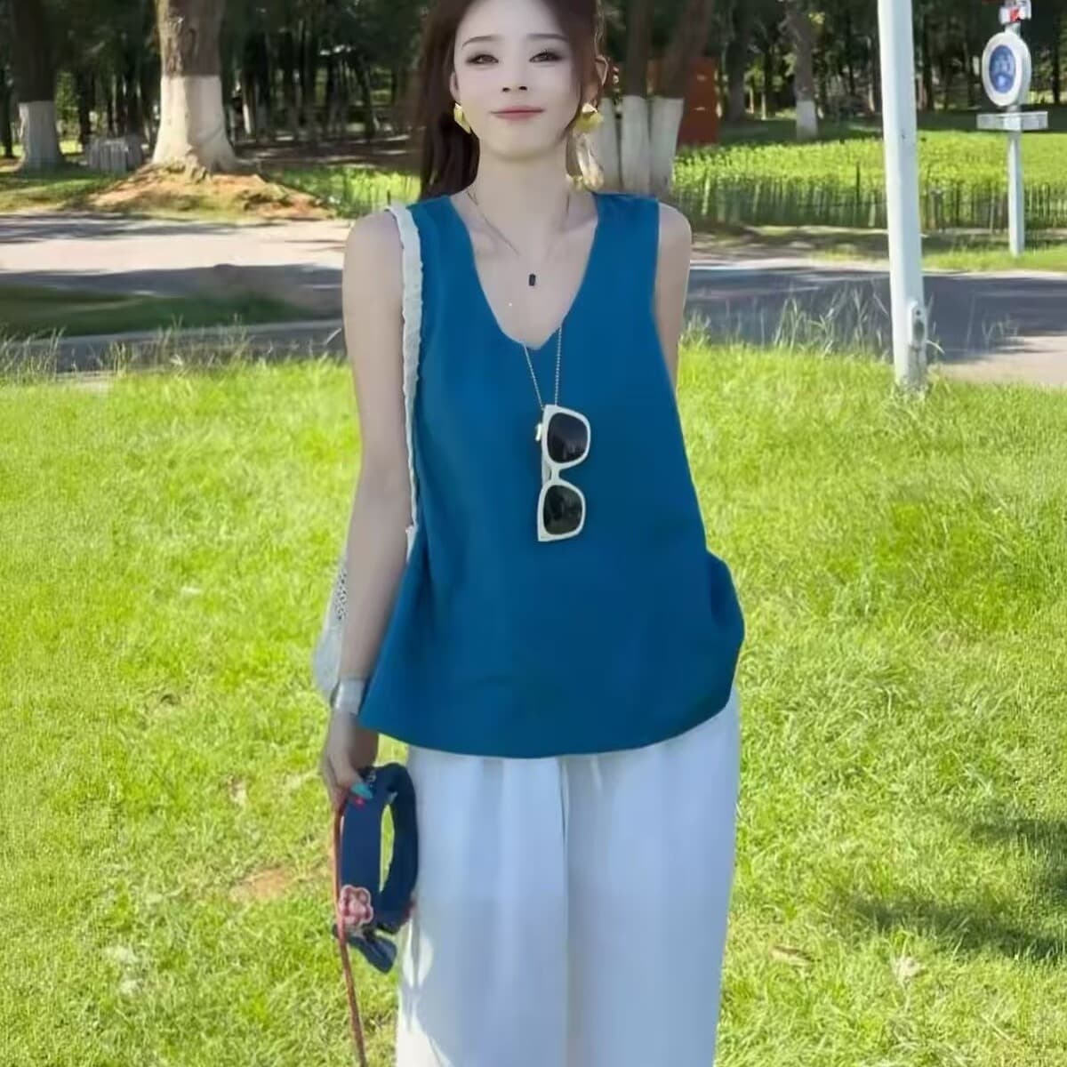 2026 슈퍼 화재 여름 연령 감소 전체 집합 한 부서 느슨함 센스 패션 루즈핏 민소매 조끼 와이드 레그 팬츠 투피스 세트 이미지 6