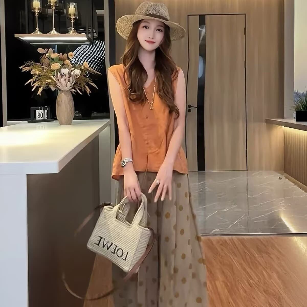 자이언트 잘 생긴 ~ 중 여름 착용 가져 가라. 전체 집합 작은 키 한 부서 패션 민소매 작은 셔츠 도트 무늬 9부 바지 투피스 세트 이미지 6