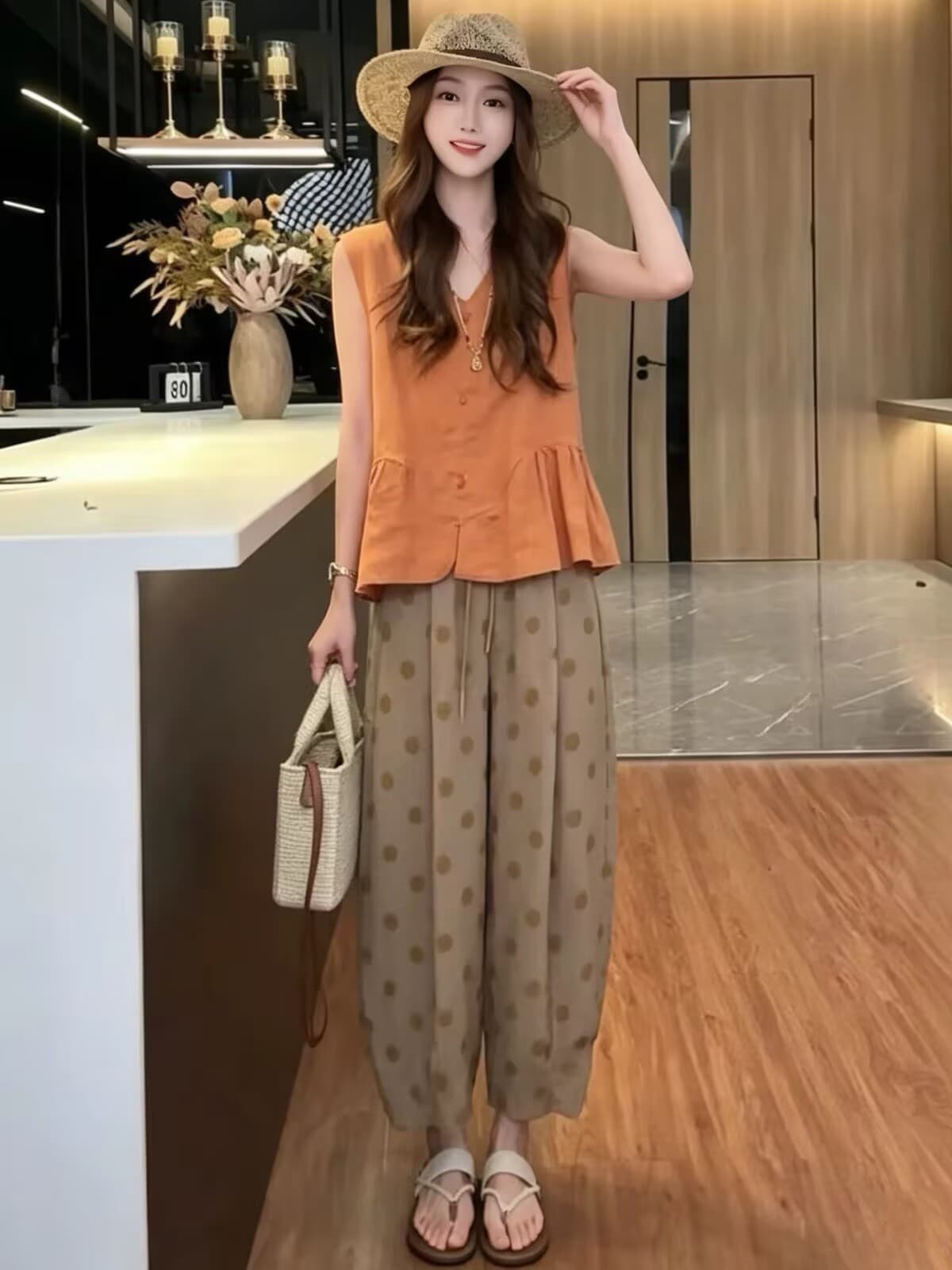 자이언트 잘 생긴 ~ 중 여름 착용 가져 가라. 전체 집합 작은 키 한 부서 패션 민소매 작은 셔츠 도트 무늬 9부 바지 투피스 세트 상세 이미지 5