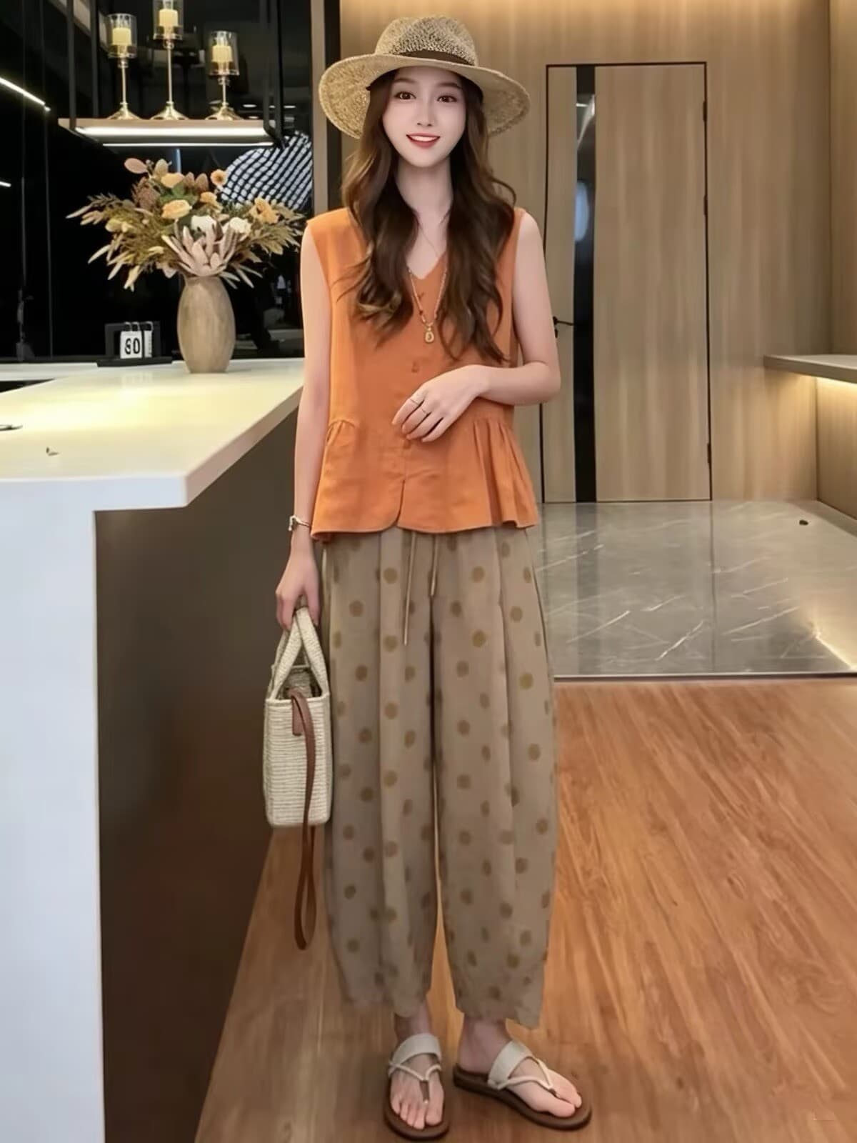 자이언트 잘 생긴 ~ 중 여름 착용 가져 가라. 전체 집합 작은 키 한 부서 패션 민소매 작은 셔츠 도트 무늬 9부 바지 투피스 세트 상세 이미지 6