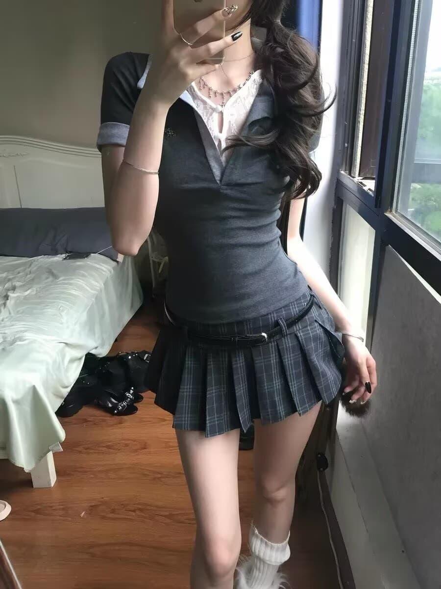 자이언트 잘 생긴 ~ 중 여름 세트 작은 키 아메리칸 핫걸 레이스 조각 V넥 티셔츠 맨위 플리츠 스커트 투피스 세트 이미지 2