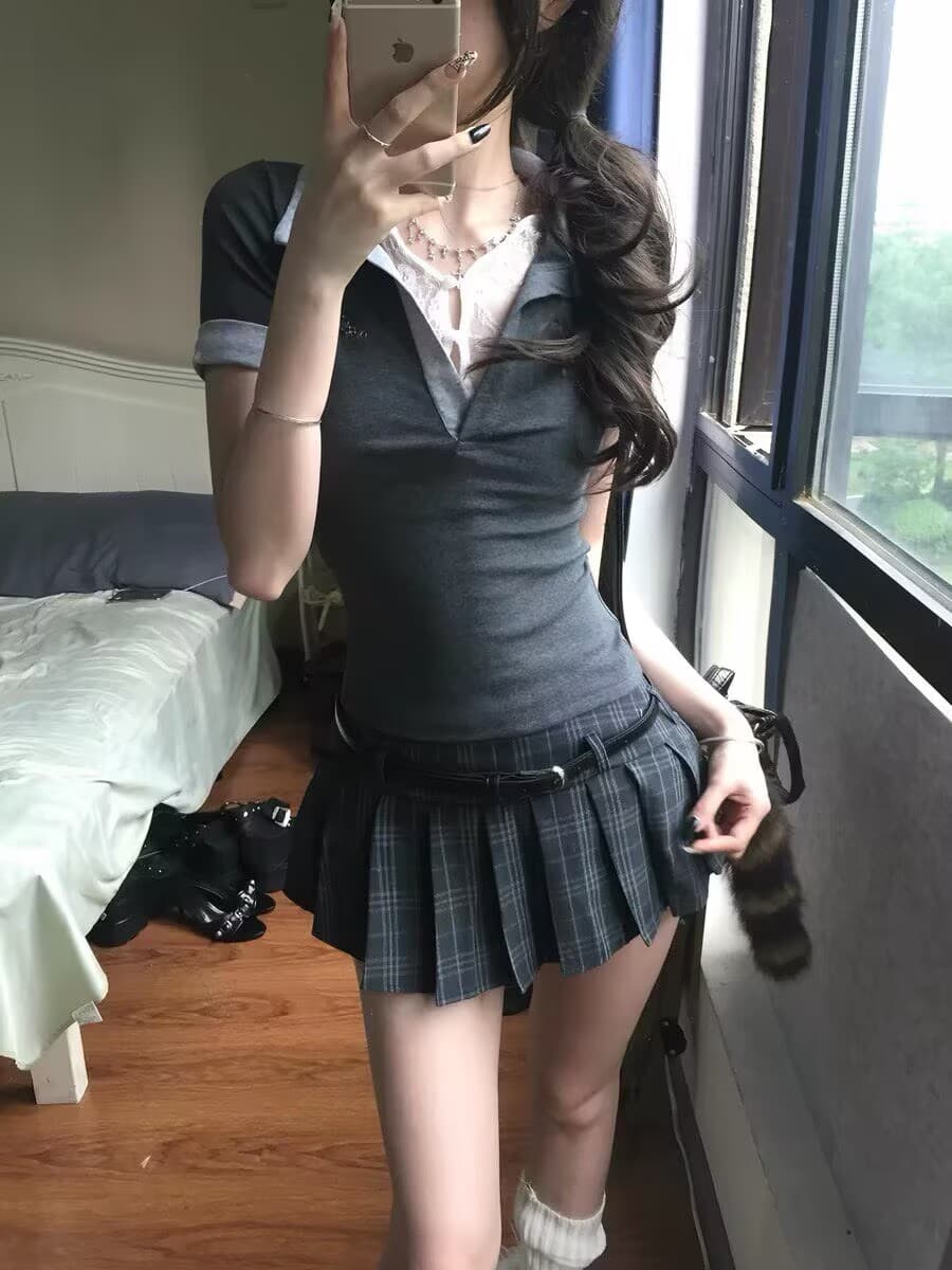 자이언트 잘 생긴 ~ 중 여름 세트 작은 키 아메리칸 핫걸 레이스 조각 V넥 티셔츠 맨위 플리츠 스커트 투피스 세트 이미지 4